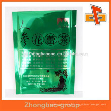 Manufacturer green custom 3 side heat seal bags for tea with tear notch